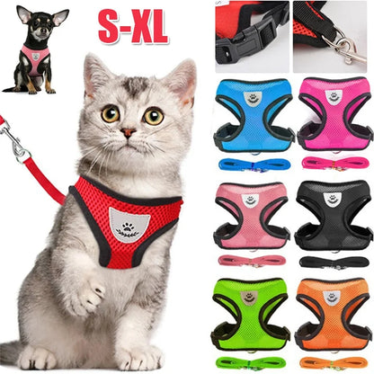 Adjustable Polyester Mesh Harness with Reflective Stitching and Lead Leash for Small Dogs and Cats