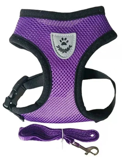 Adjustable Polyester Mesh Harness with Reflective Stitching and Lead Leash for Small Dogs and Cats